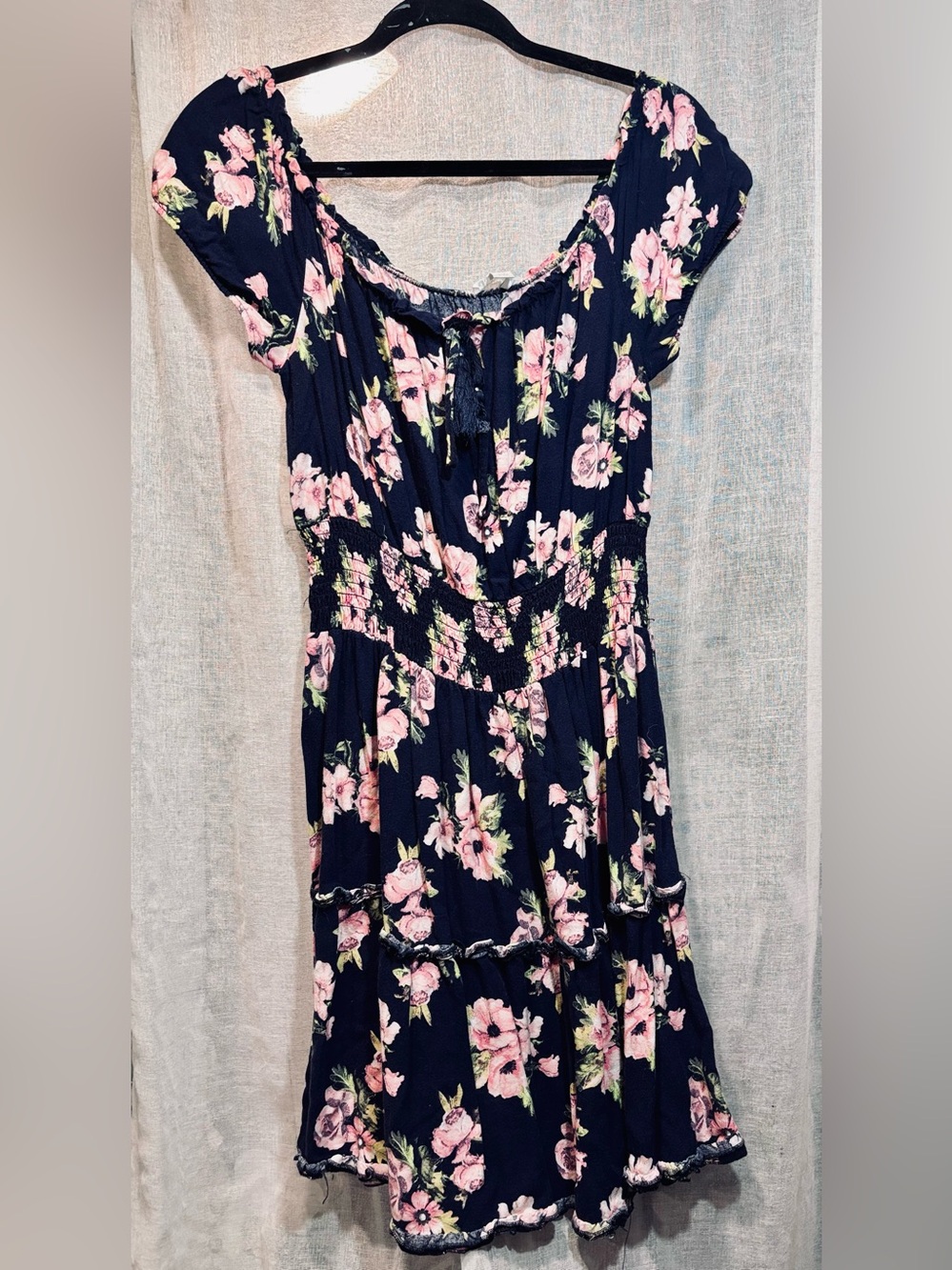 Floral Navy Off-Shoulder Smocked Waist Dress